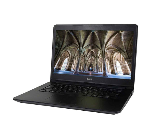 Black Dell laptop with a cathedral interior on the screen on a white background