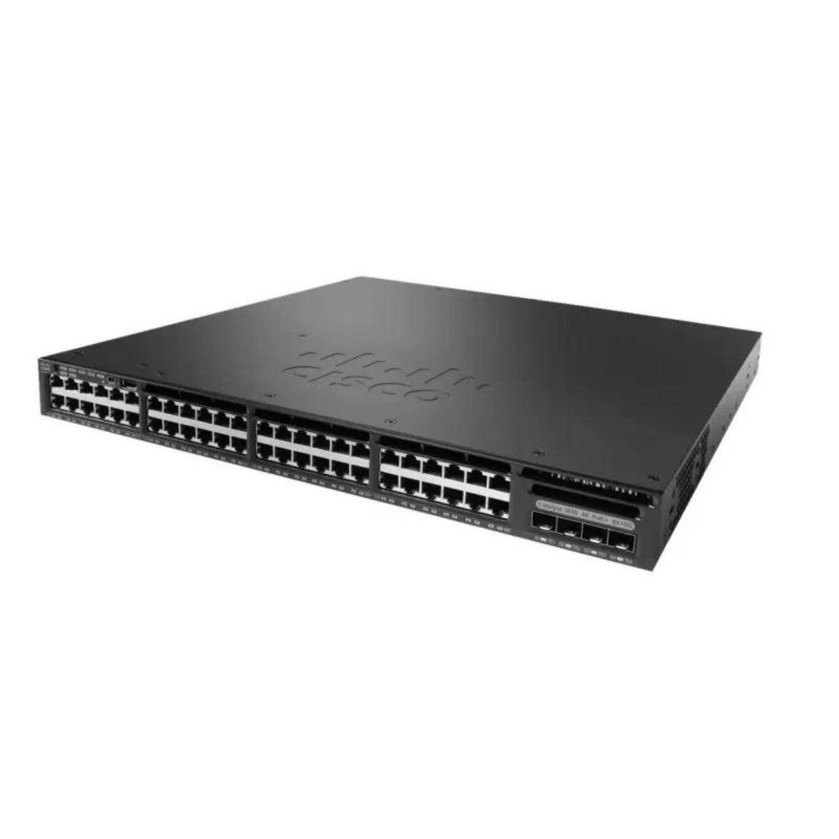 Cisco Catalyst 3650 series managed switch with 48 Ethernet ports and 2 SFP slots, in black color.