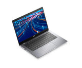 A silver Dell laptop with an open screen displaying a blue and orange light trail graphic, set against a plain white background.