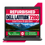 A Dell Latitude 7280 laptop shown open against a white background with pink graphic accents. The screen displays a promotional graphic reading 'REFURBISHED DELL LATITUDE 7280 Intel Core i5 6th Gen' over a mountain lake landscape, with contact details for calling and WhatsApp.