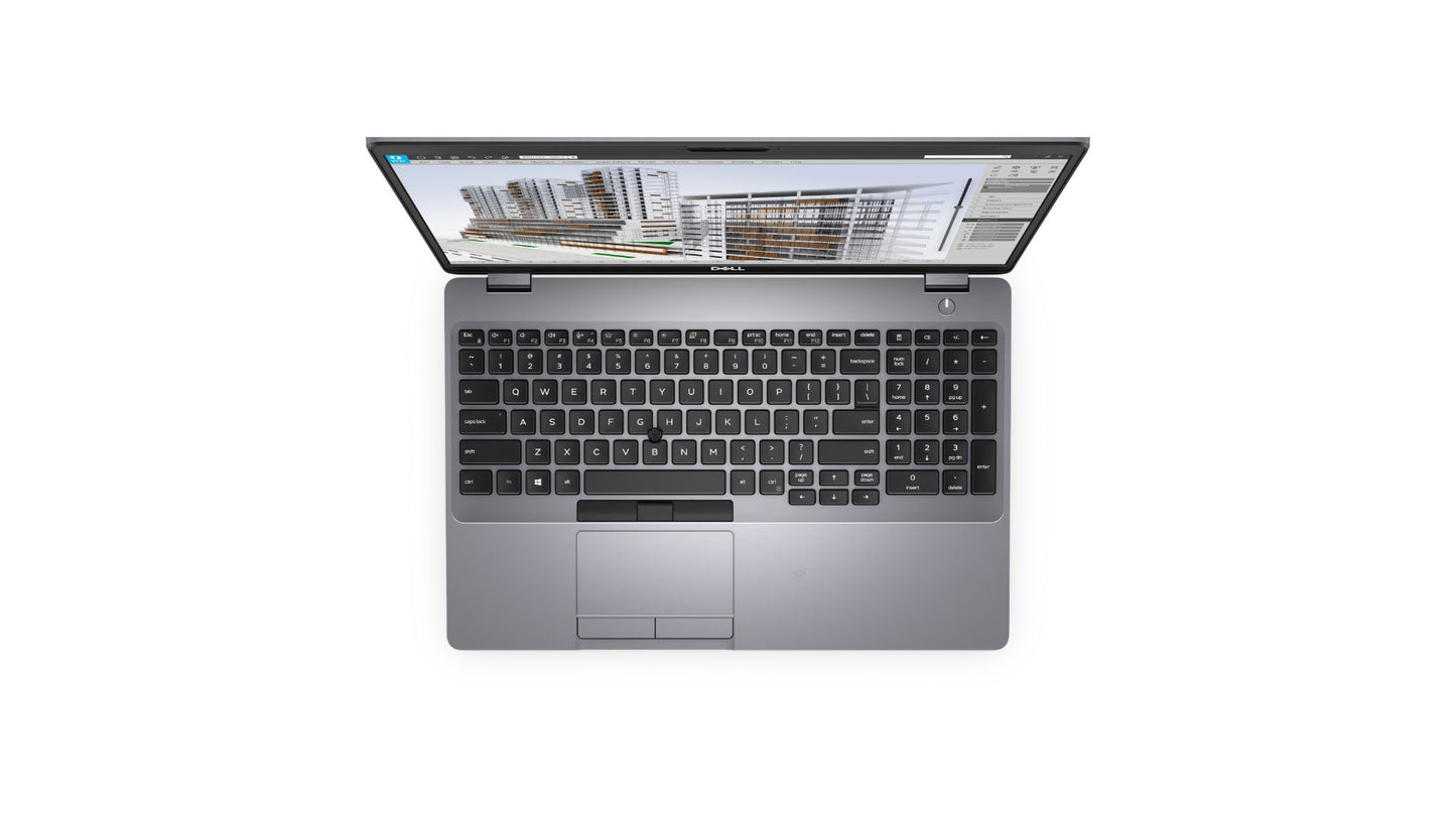 A silver and black laptop shown from a top-down perspective on a plain white background, with its screen open displaying a building rendering.