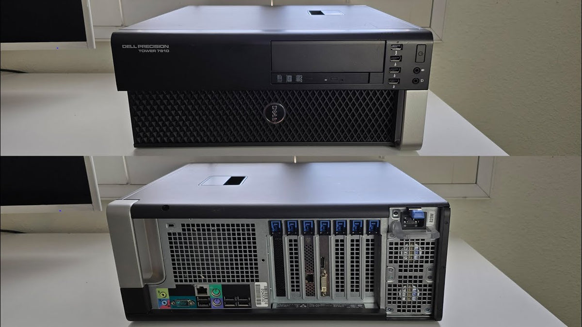 Two Dell servers on a white surface with a blurred background