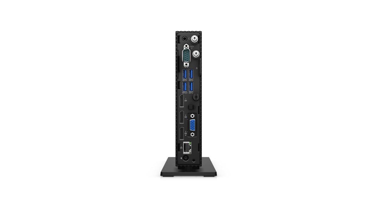 Black computer peripheral device with ports on a white background