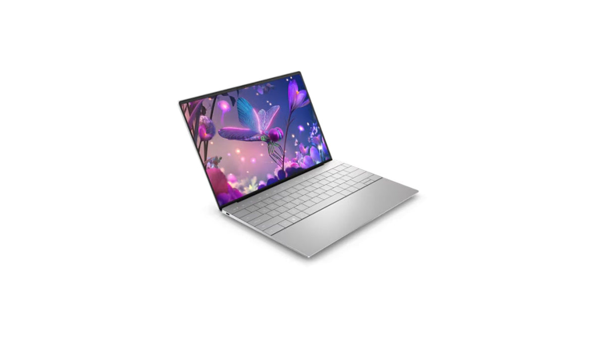 Silver laptop with colorful screen on a white background