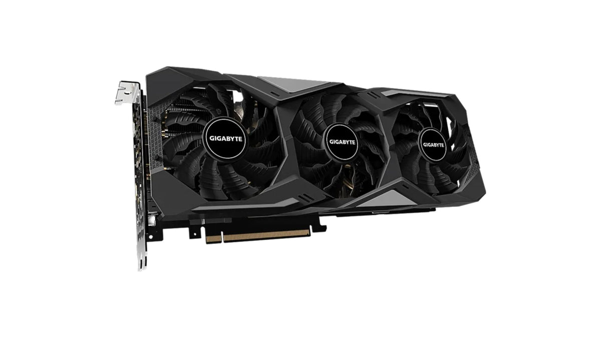 Gigabyte graphics card with three fans on a white background