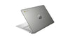 HP Chromebook laptop in a silver aluminum finish, shown open at an angle against a plain white background. The HP logo is visible on the back of the lid, and the ChromeOS icon is near the top left.