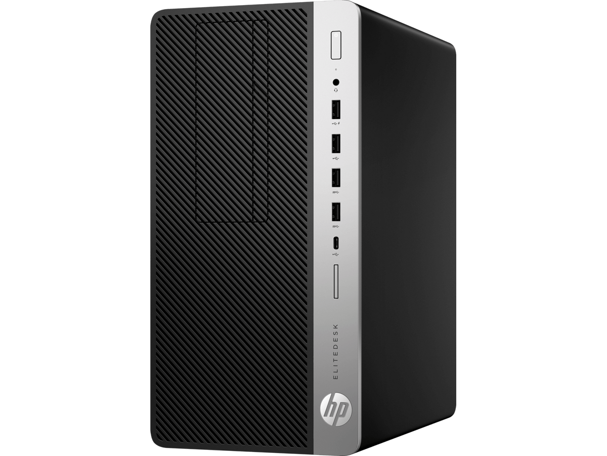HP desktop computer tower on a black background