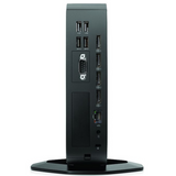 HP Thin Client T740 standing upright on a flat surface with its front panel visible, showing the HP logo, ports, and displays.