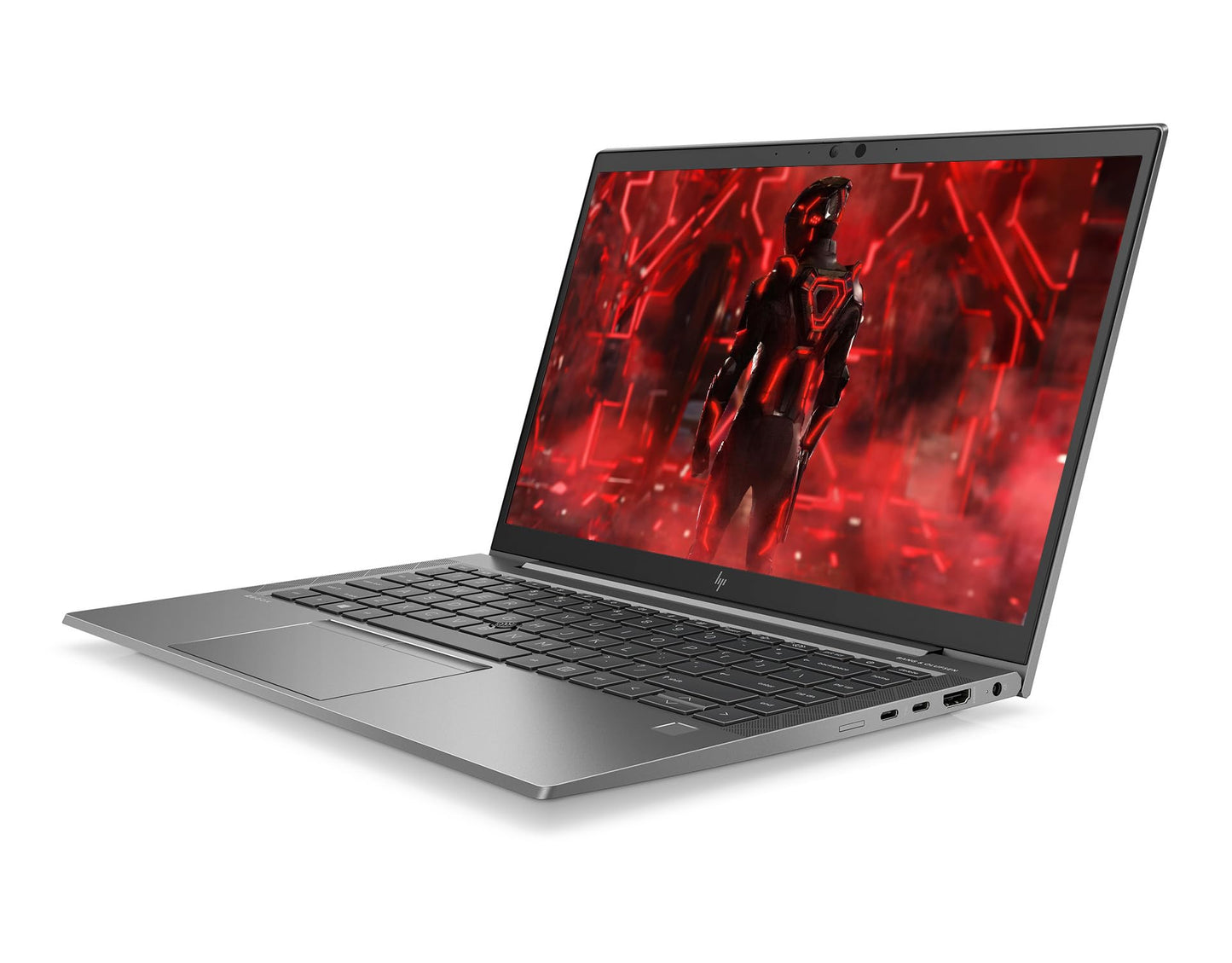 Laptop with a red and black graphic on the screen against a white background