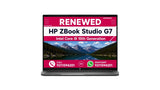 An open HP ZBook Studio G7 laptop shown on a plain white background, with a promotional screen overlay reading 'RENEWED' and product details including Intel Core i9 10th Generation.