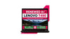 A black Lenovo T490 renewed A+ laptop shown open on a white background with a pink promotional graphic behind it. The screen displays a mountain landscape wallpaper and text including 'RENEWED A+ LENOVO T490' and contact details.