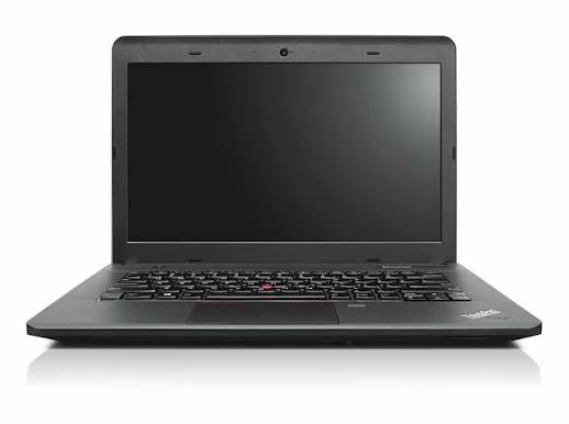 A black Lenovo ThinkPad laptop shown open from the front, with the screen turned off, on a clean white background.
