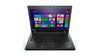 A black Lenovo ThinkPad laptop shown open against a plain white background, with the Windows Start screen visible on the display.