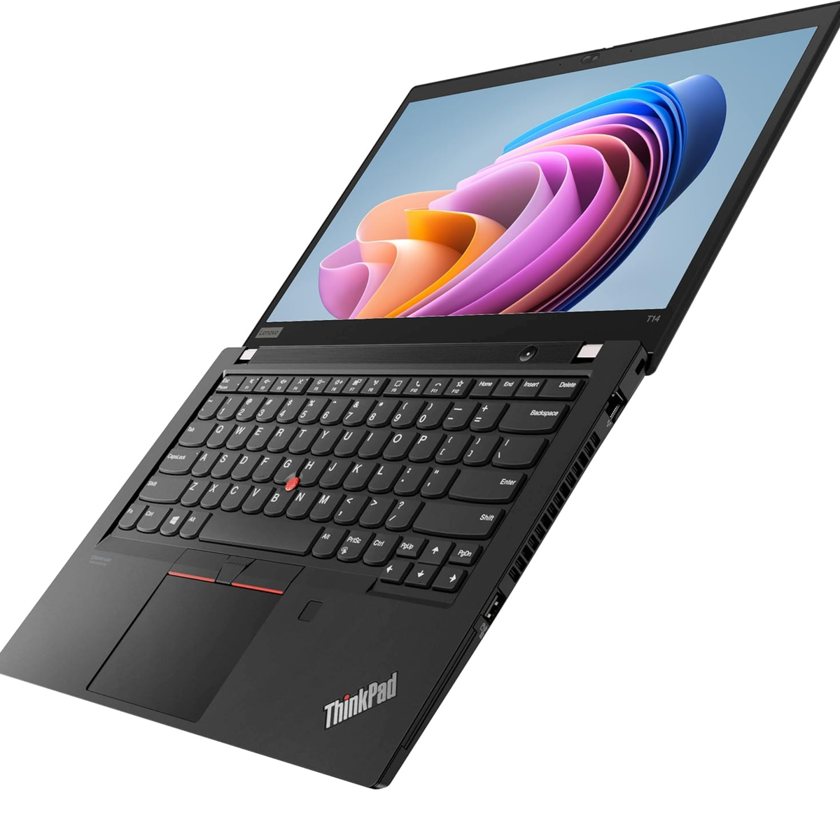 ThinkPad laptop with colorful display on a white background