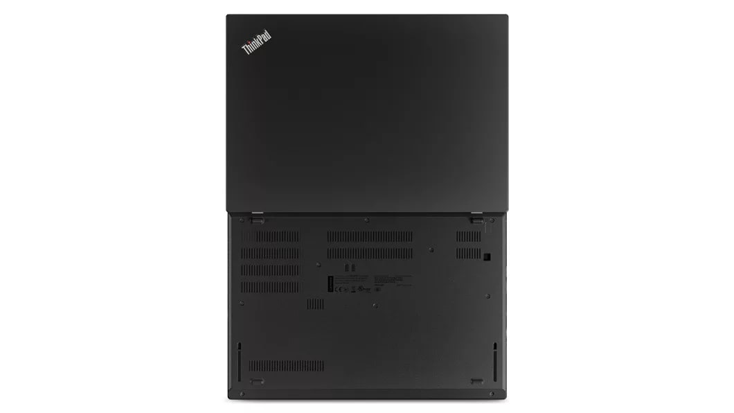 Back view of a black Lenovo ThinkPad laptop on a white background