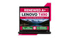 A black Lenovo T490 renewed A+ laptop shown open on a white background with a pink promotional graphic behind it. The screen displays a mountain landscape wallpaper and text including 'RENEWED A+ LENOVO T490' and contact details.