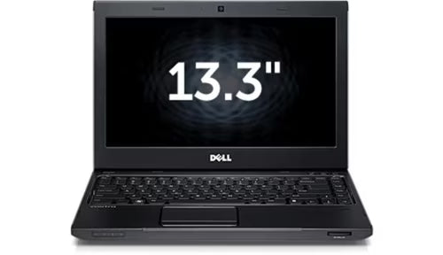 A black Dell laptop with a 13.3-inch screen, shown open against a plain white background.