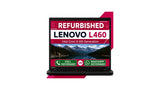 A refurbished Lenovo L440 laptop shown open on a white background with a pink and red promotional graphic behind it. The screen displays text reading 'REFURBISHED LENOVO L440' along with contact icons.