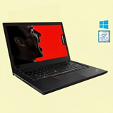 Lenovo ThinkPad T480 laptop with a 14 inch Full HD display, Intel Core i5 processor, and a black color scheme, displaying a red screen with a profile picture on the screen's background.