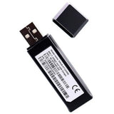 Black USB device with a label on a white background