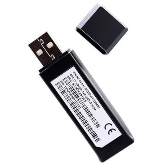 Black USB device with a label on a white background