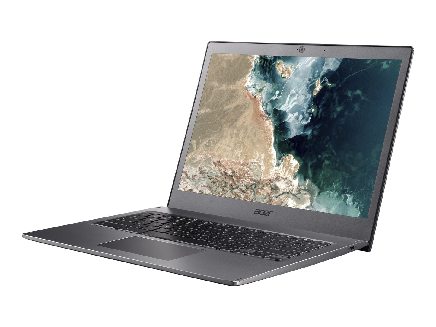 Open laptop displaying a scenic wallpaper on a white background