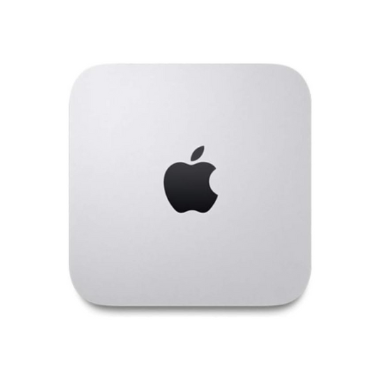 The image shows a white Apple Mac Mini A1347 with a black Apple logo on the front.