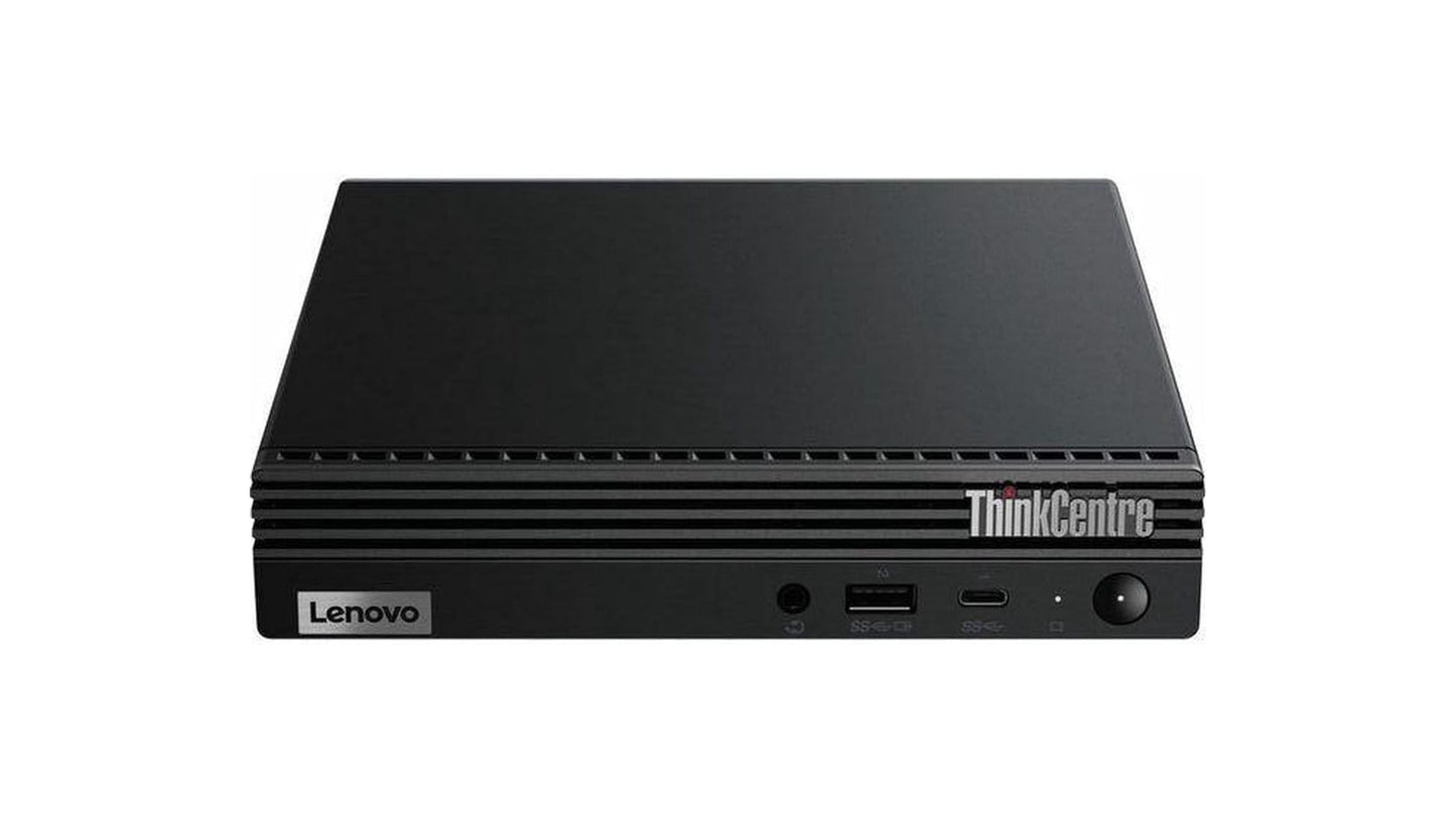 Black Lenovo ThinkCentre mini PC on a white background