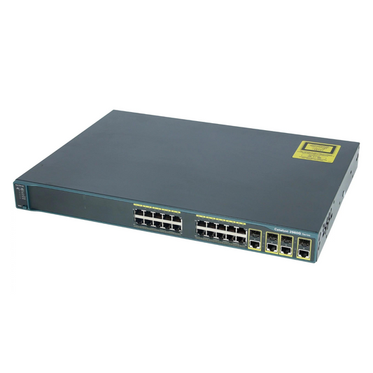 Cisco Catalyst 2960G 20x GE 4x 1G SFP LAN Base Managed Switch, in gray color with multiple Ethernet ports and a yellow Cisco logo.
