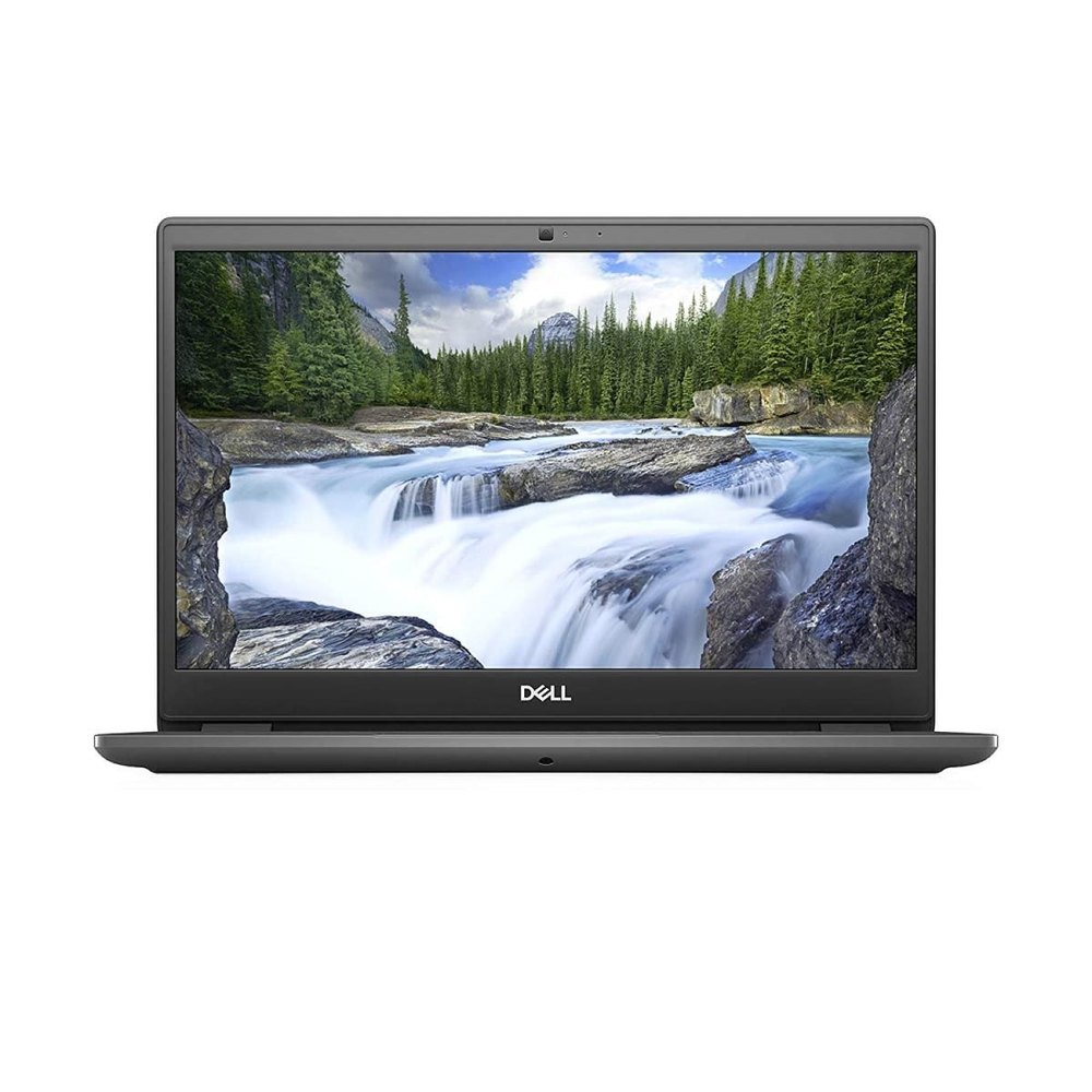 Dell Latitude laptop with a black color scheme, featuring a 14-inch screen displaying a nature wallpaper showing a river and trees.