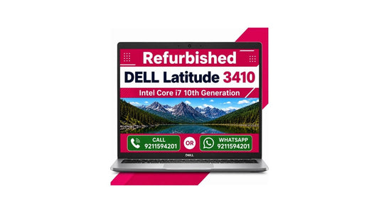 A silver Dell Latitude 3410 laptop shown open on a white background with pink graphic accents. The screen displays a refurbished product advertisement with text reading 'Refurbished DELL Latitude 3410' and contact details.