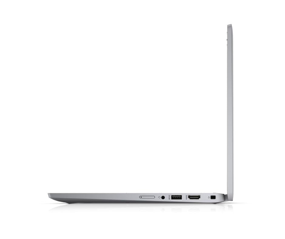 A slim silver laptop shown from the side profile with the screen open, displaying ports along the bottom edge, on a clean white background.