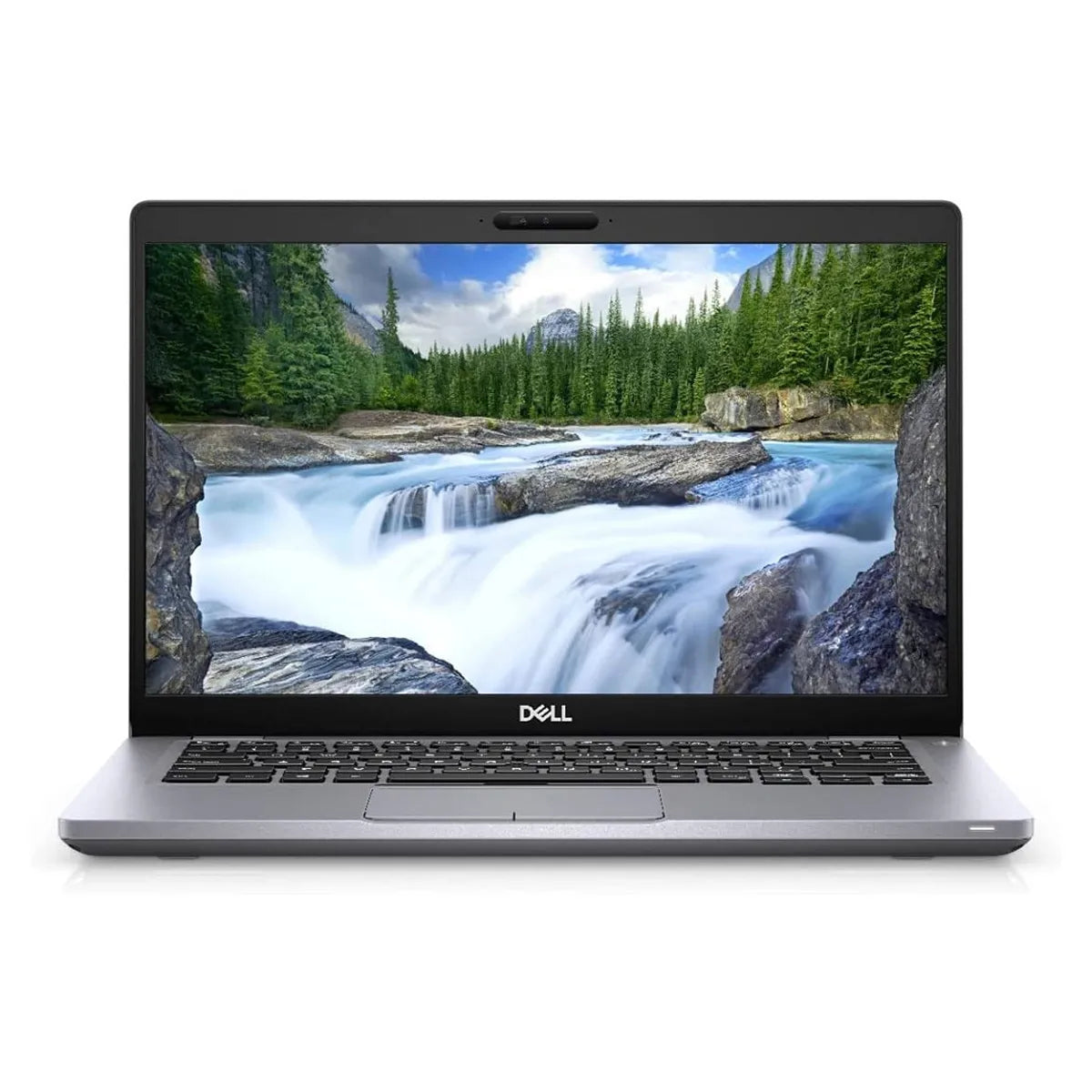 Laptop displaying a scenic wallpaper on a white background