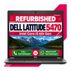 A Dell Latitude 5470 laptop shown open against a white background with pink graphic accents. The screen displays a promotional graphic with the text 'REFURBISHED DELL LATITUDE 5470 Intel Core i5 6th Gen' above a mountain landscape photo, with contact details in green boxes at the bottom.