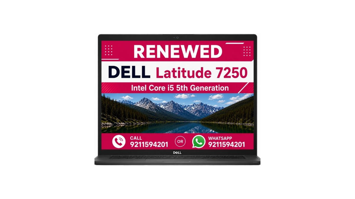 A Dell Latitude 7250 laptop shown open against a plain white background, with a promotional screen overlay reading 'RENEWED DELL Latitude 7250' and mountain scenery on the display.