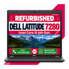 A Dell Latitude 7280 laptop shown open against a white background with pink graphic accents. The screen displays a promotional graphic reading 'REFURBISHED DELL LATITUDE 7280 Intel Core i5 6th Gen' over a mountain lake landscape, with contact details for calling and WhatsApp.