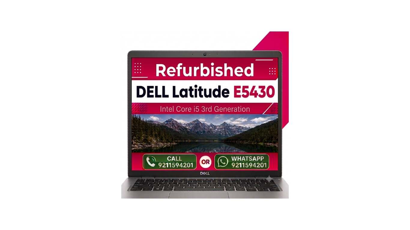 A refurbished Dell Latitude E5430 laptop shown open on a white background, with a promotional screen overlay displaying 'Refurbished', model details, and contact information.