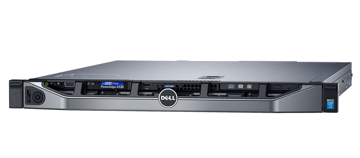 Front view of a Dell PowerEdge R420 Rack Server with LED indicators and branding visible.