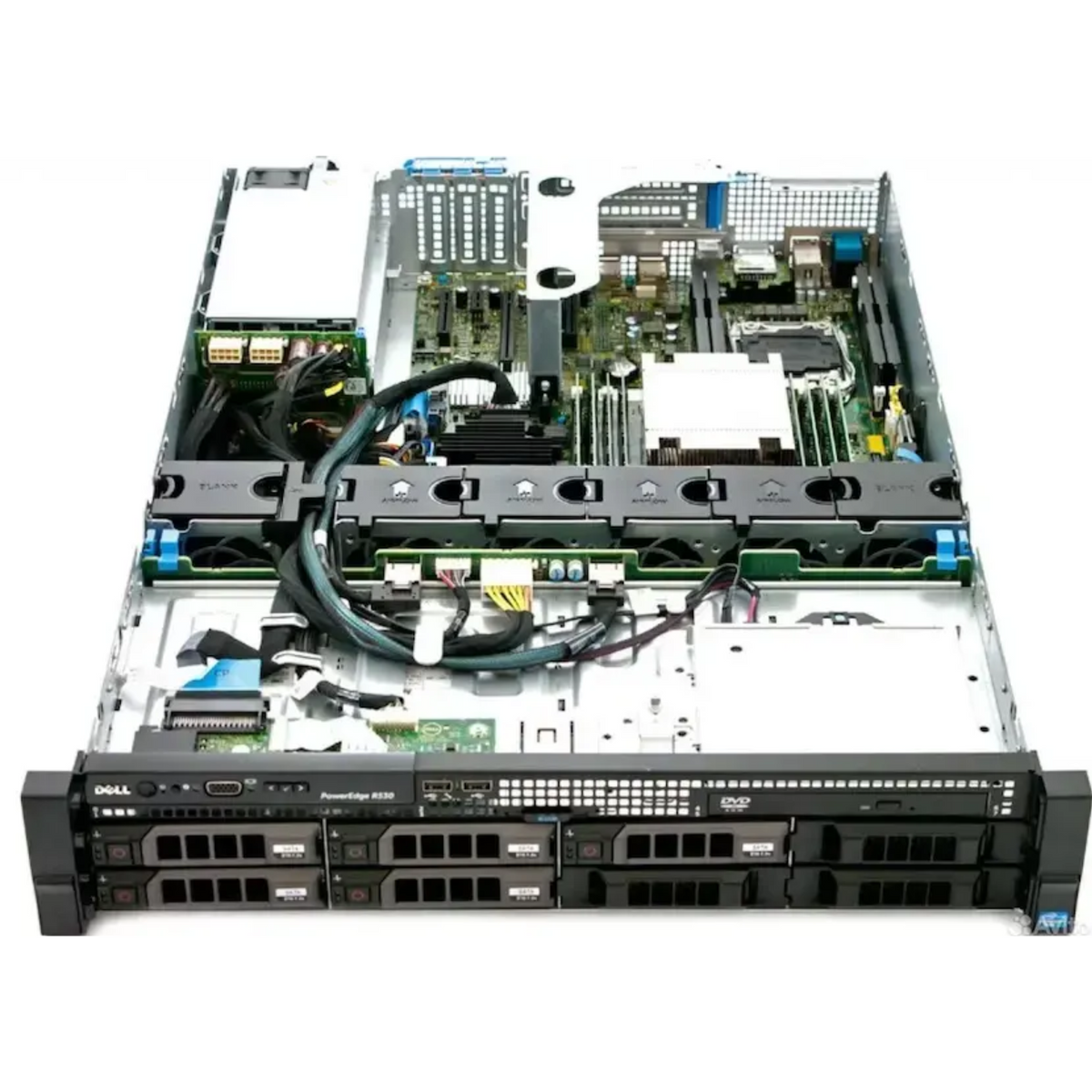 Server hardware with open cover on a white background