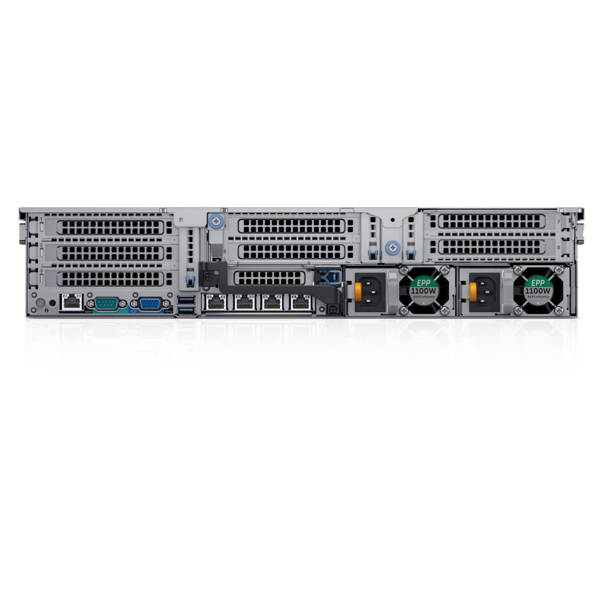 Server rack with multiple slots and connectors on a white background