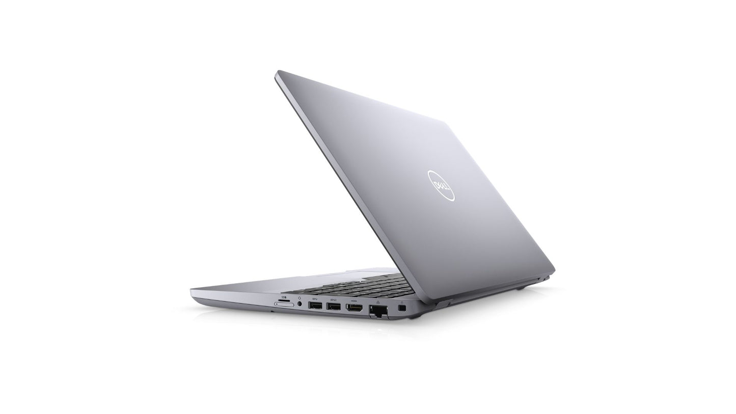 A silver Dell laptop shown open at an angle against a clean white background, displaying its outer lid with the central logo and a portion of the keyboard and trackpad.