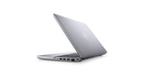 A silver Dell laptop shown open at an angle against a clean white background, displaying its outer lid with the central logo and a portion of the keyboard and trackpad.