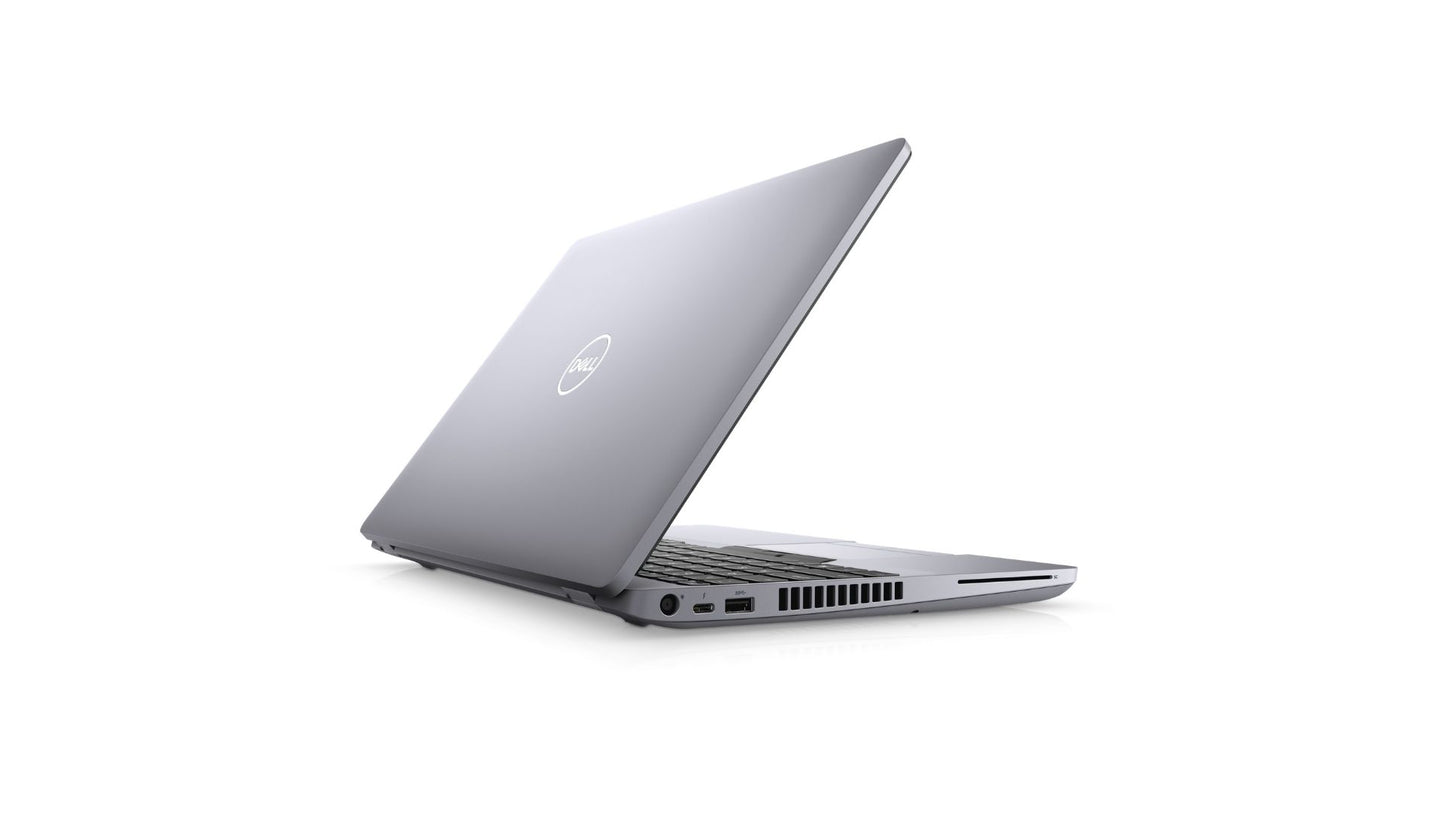 A silver Dell laptop shown at an angle with the lid open, set against a plain white background.