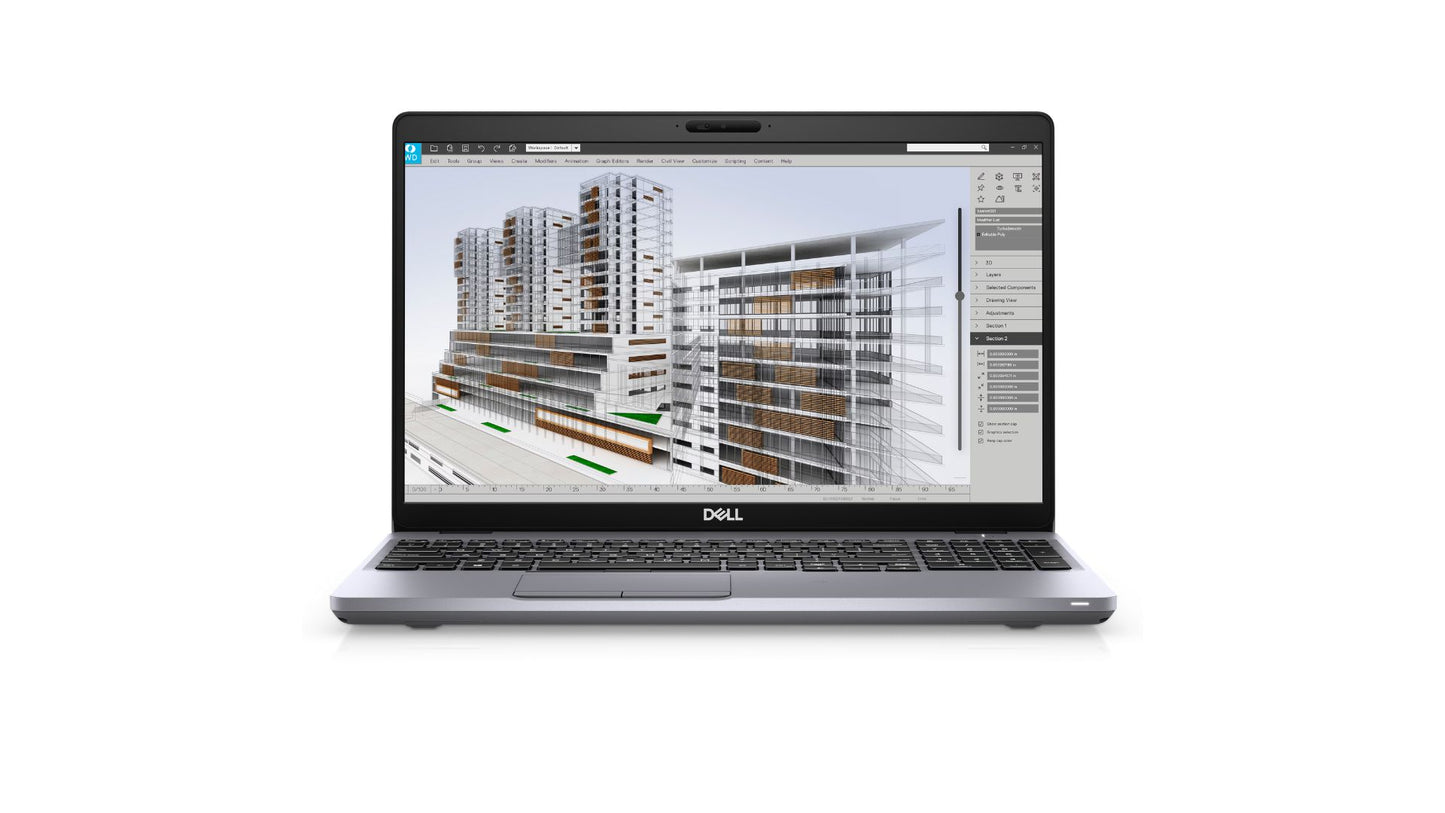 A silver Dell laptop shown from the front on a plain white background, with its screen on and displaying a 3D architectural modeling interface.