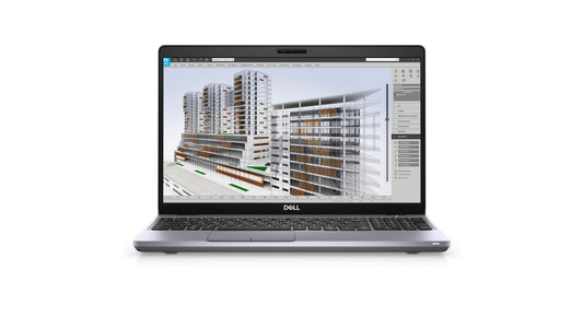 A silver Dell laptop shown from the front on a plain white background, with its screen on and displaying a 3D architectural modeling interface.