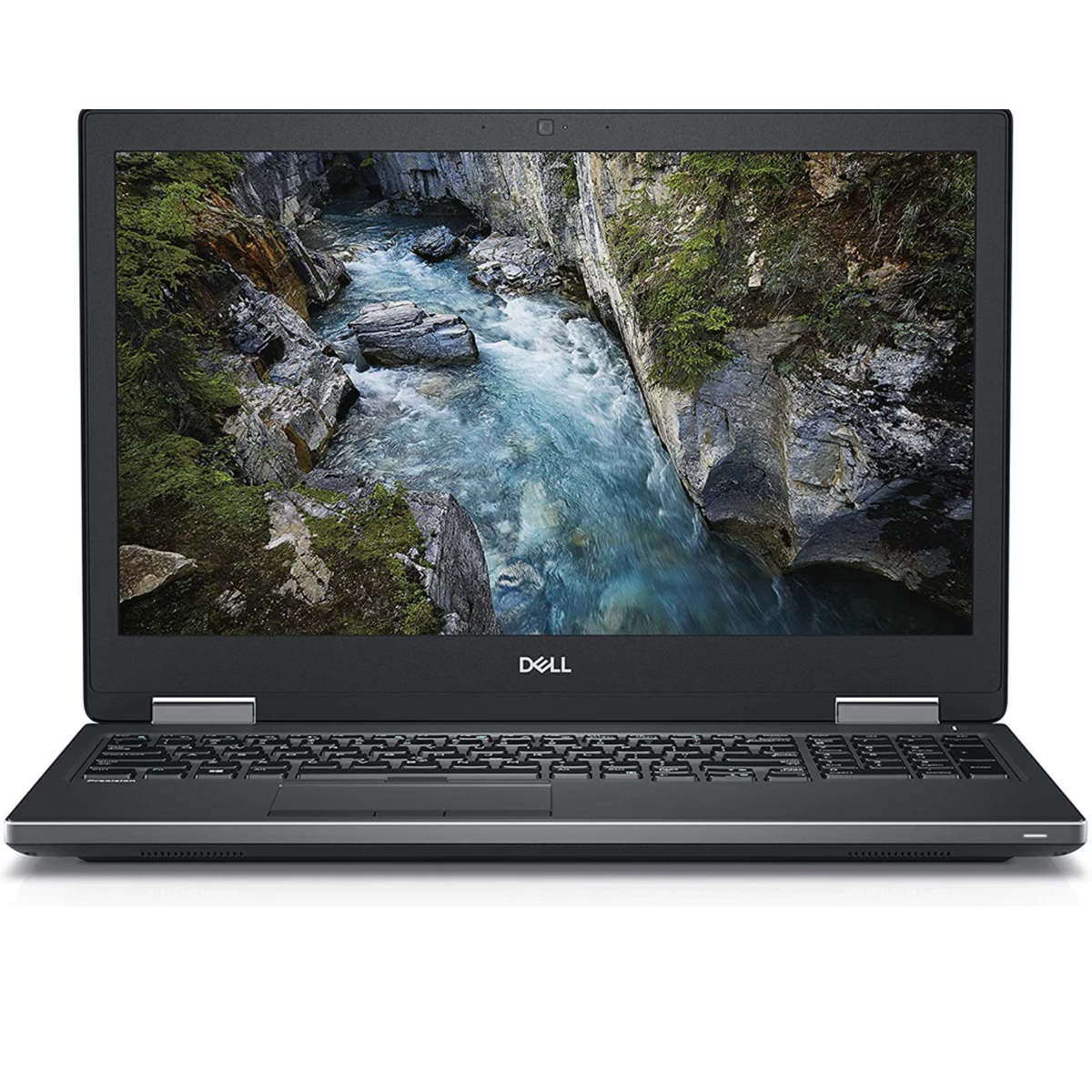 Laptop displaying a scenic view of a river and rocks on a white background