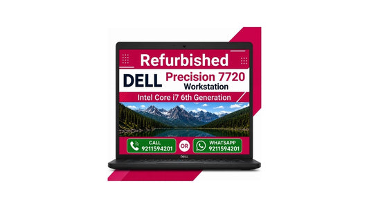 A refurbished Dell Precision 7720 workstation laptop shown open on a white background with a pink and red promotional graphic behind it. The screen displays a mountain landscape wallpaper with text reading 'Refurbished DELL Precision 7720 Workstation' and contact icons at the bottom.