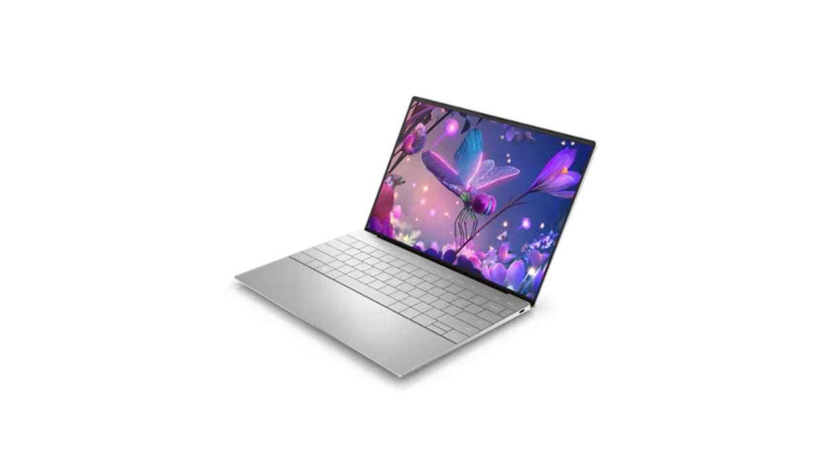 Silver laptop with a colorful butterfly design on the screen against a white background