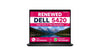 A black Dell 5420 laptop shown open against a plain white background, with a promotional screen graphic displaying 'RENEWED DELL 5420' and a mountain landscape.