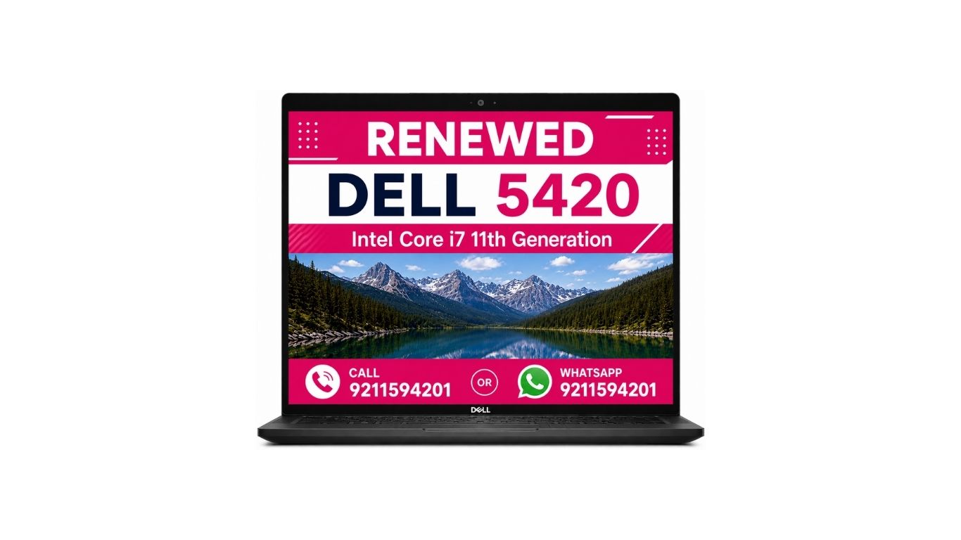 A black Dell 5420 laptop shown open against a plain white background, with a promotional screen graphic displaying 'RENEWED DELL 5420' and a mountain landscape.